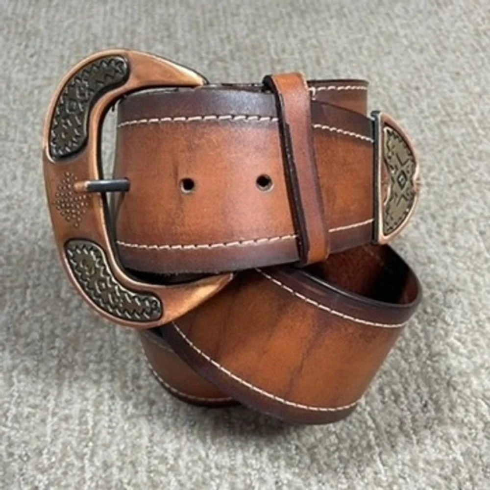 Cobalt Italian Leather Belt Women M Brown Cowgirl Festival Western Copper Buckle